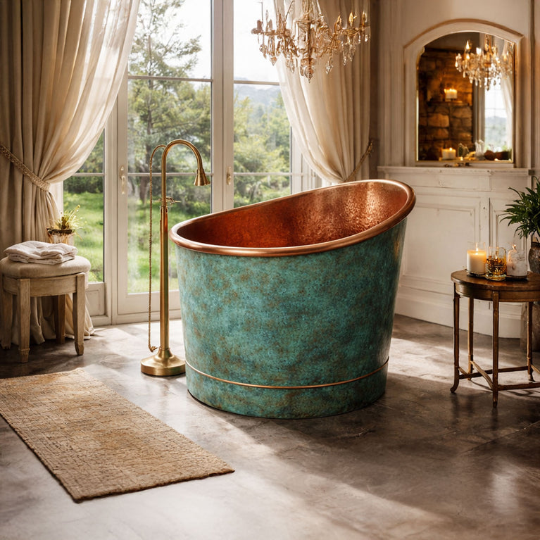 39-Inch Japanese Soaking Copper Bathtub Hammered Antique Copper Interior Blue-Green