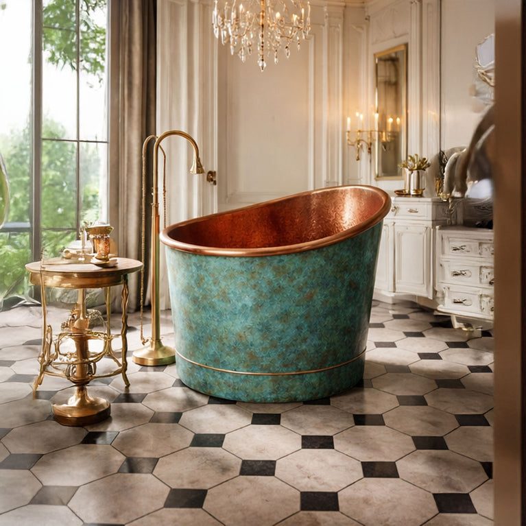 39-Inch Japanese Soaking Copper Bathtub Hammered Antique Copper Interior Blue-Green