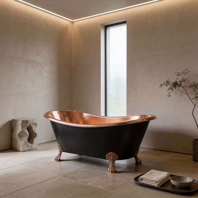 Hammered Clawfoot Copper Bathtub Copper Interior & Black Exterior