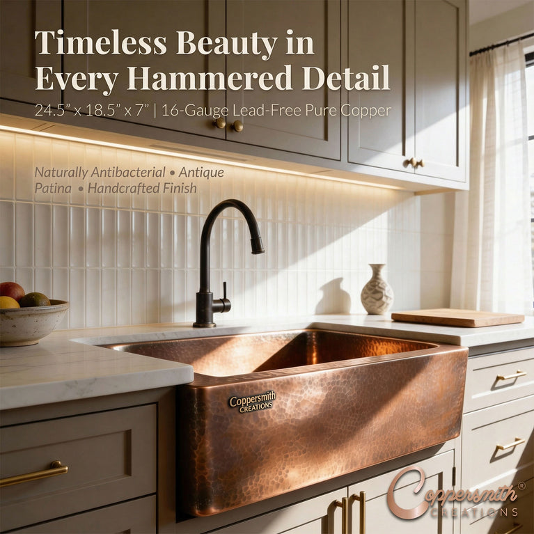 Copper Sink Hammered Front Apron 23.50 x 17.50 x 8 inch
