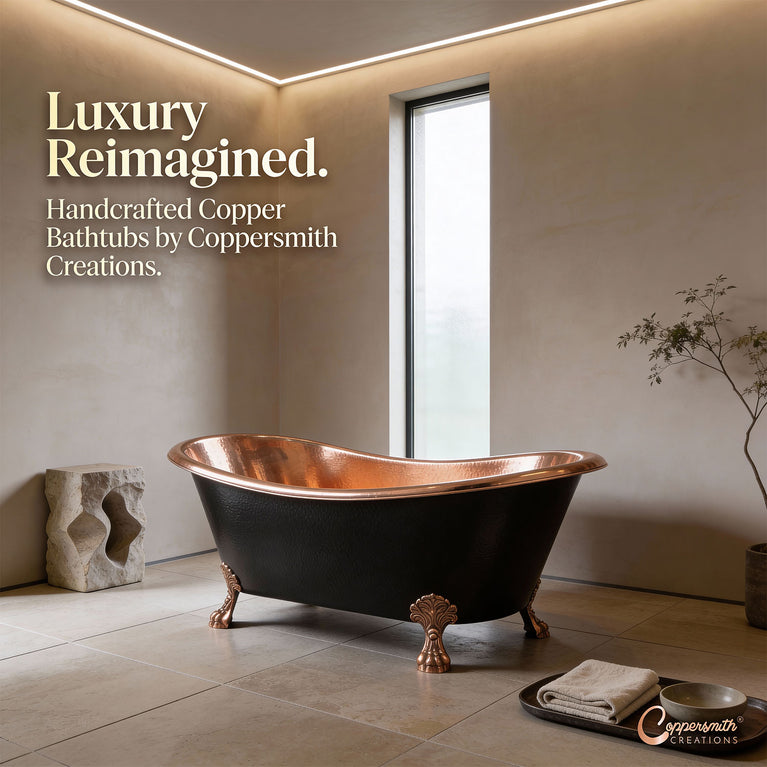 Hammered Clawfoot Copper Bathtub Copper Interior & Black Exterior