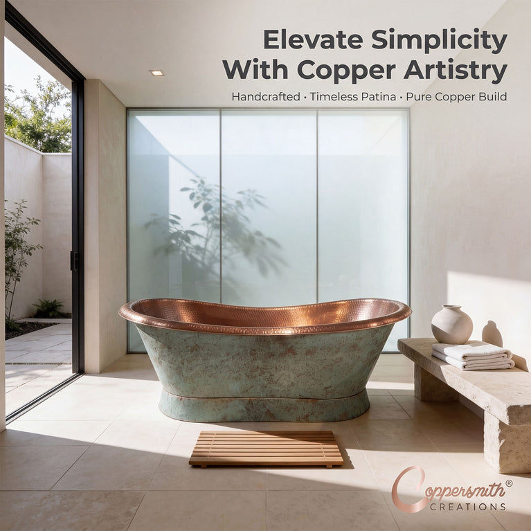 Slanting Base Copper Bathtub Hammered Antique Copper Interior & Patina Exterior Finish
