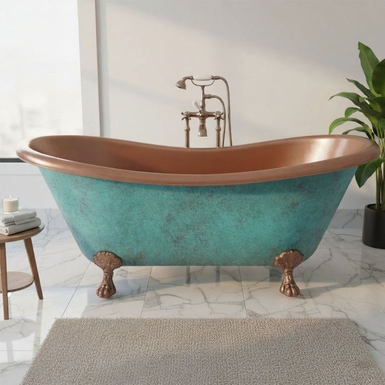 Clawfoot Copper Bathtub Plain Antique Finish Interior & Patina Exterior
