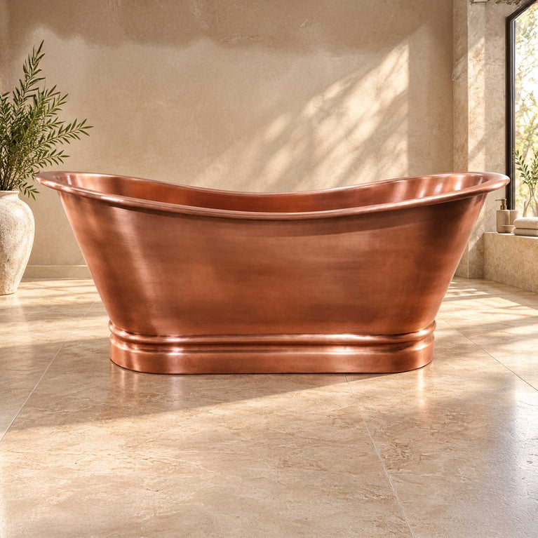 Flat Rim Freestanding Copper Bathtub Smooth Plain Medium Antique Finish Interior & Exterior