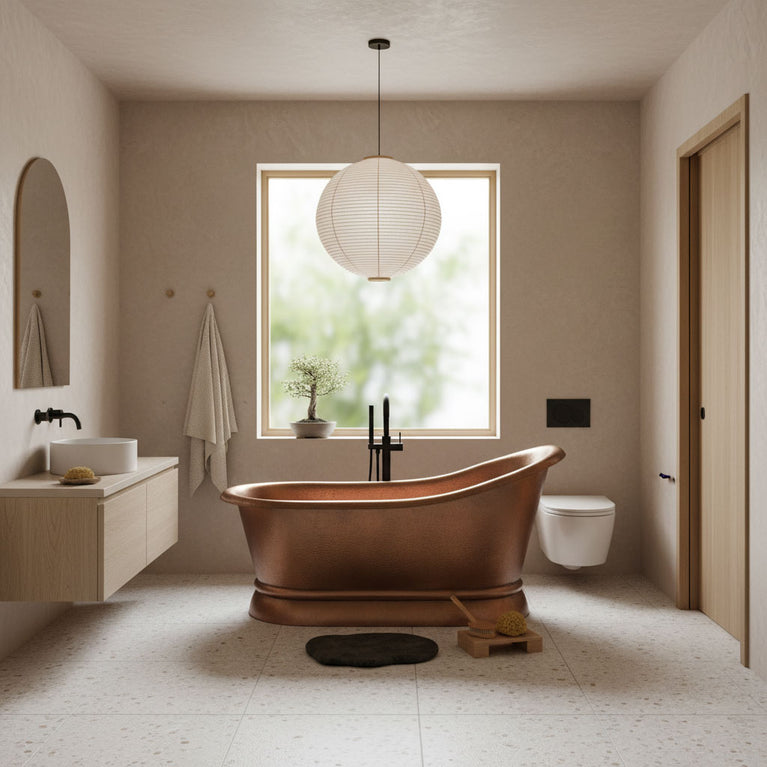 Hammered Copper Single Slipper Tub with Smooth Round Pedestal Base