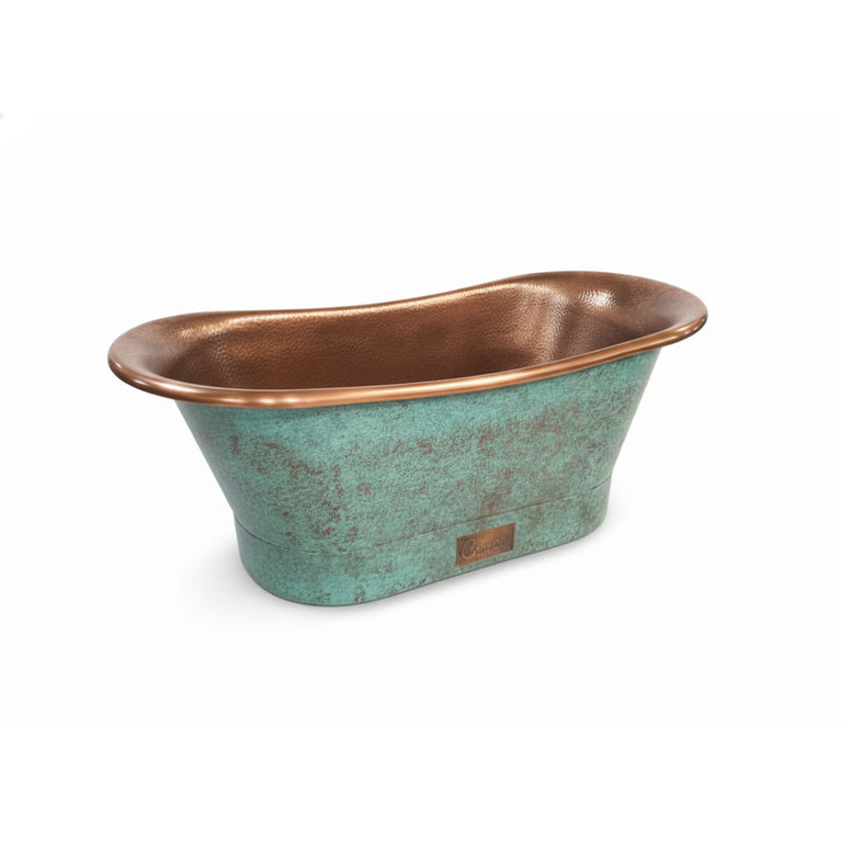 Straight Base Copper Bathtub Hammered Antique Finish Interior & Blue Green Patina Exterior Finish