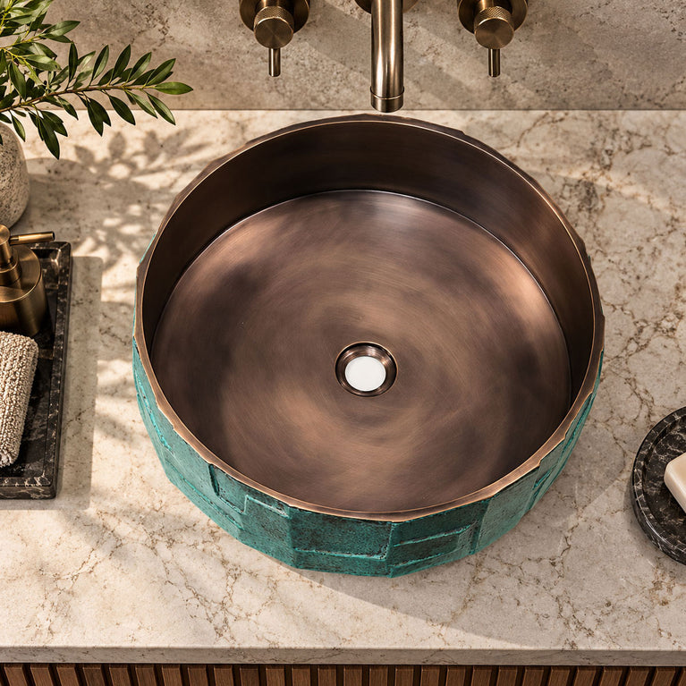 Handcrafted Geometric Relief Cast Bronze Sink with Antique Interior & Patina Exterior