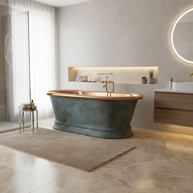 Pedestal Copper Bathtub Patina Exterior & Polished Copper Interior