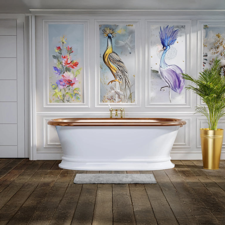 Pedestal Copper Bathtub White Powder Coated Exterior & Polished Copper Interior