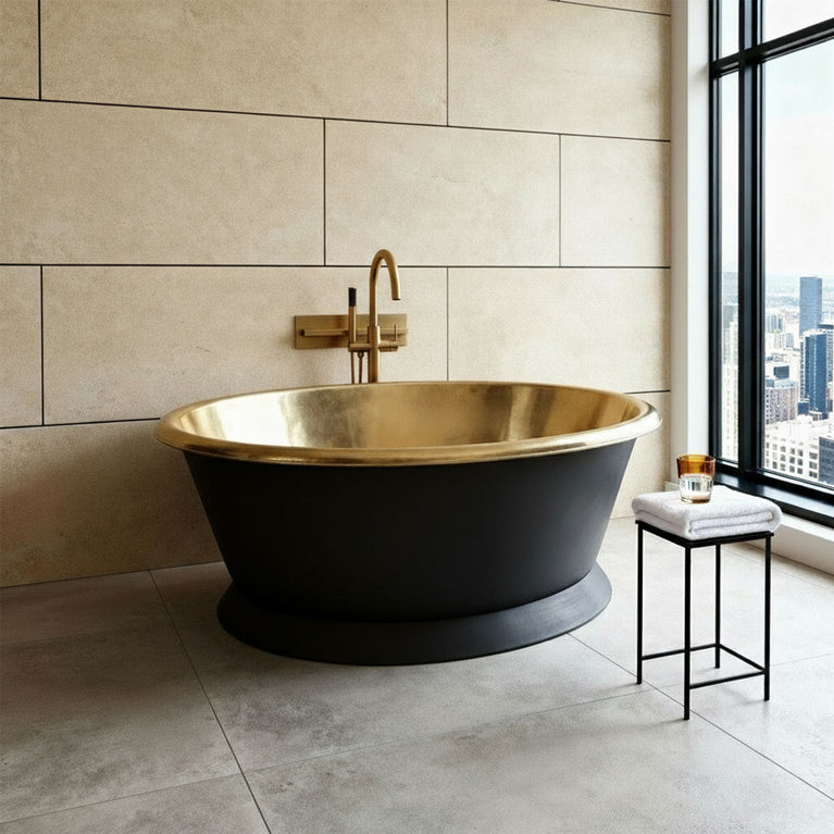 Round Brass Bathtub Matt Black Exterior & Polish Brass Interior