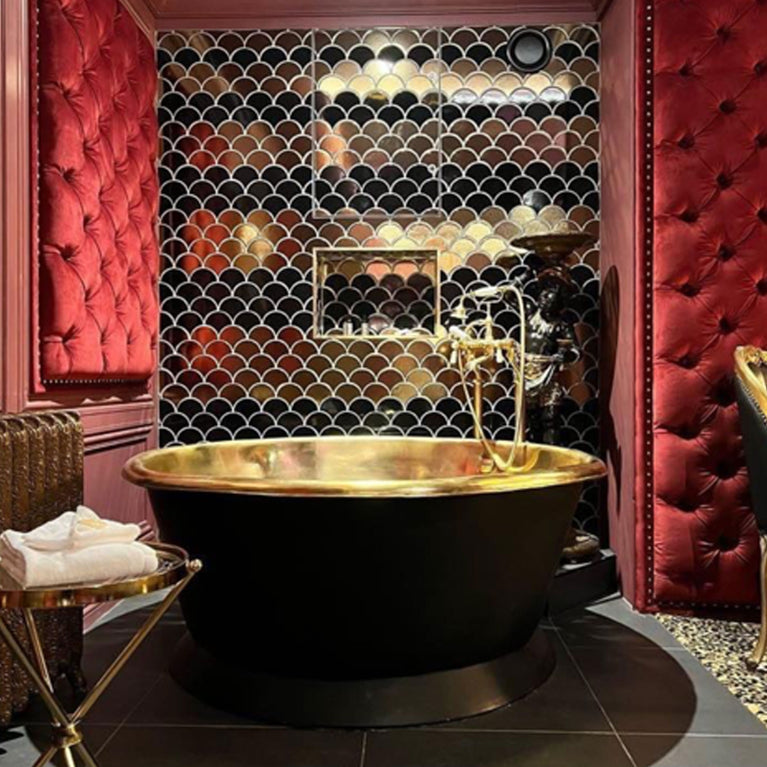 Round Brass Bathtub Matt Black Exterior & Polish Brass Interior