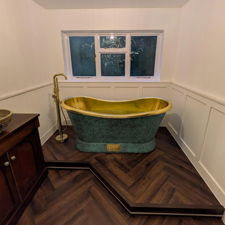 Slanting Base Brass Bathtub Polished Brass Inside & Patina Outside