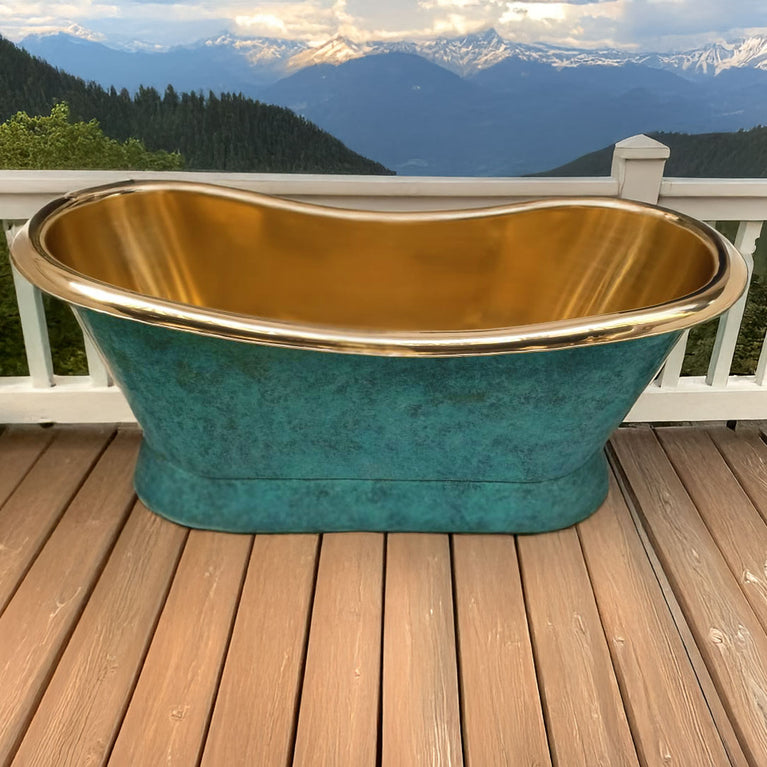 Slanting Base Brass Bathtub Polished Brass Inside & Patina Outside