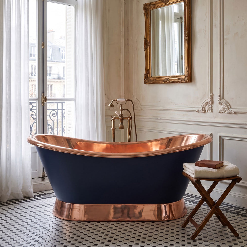 Slanting Base Copper Bathtub Copper Interior & on Base RAL5022 Night Blue Exterior