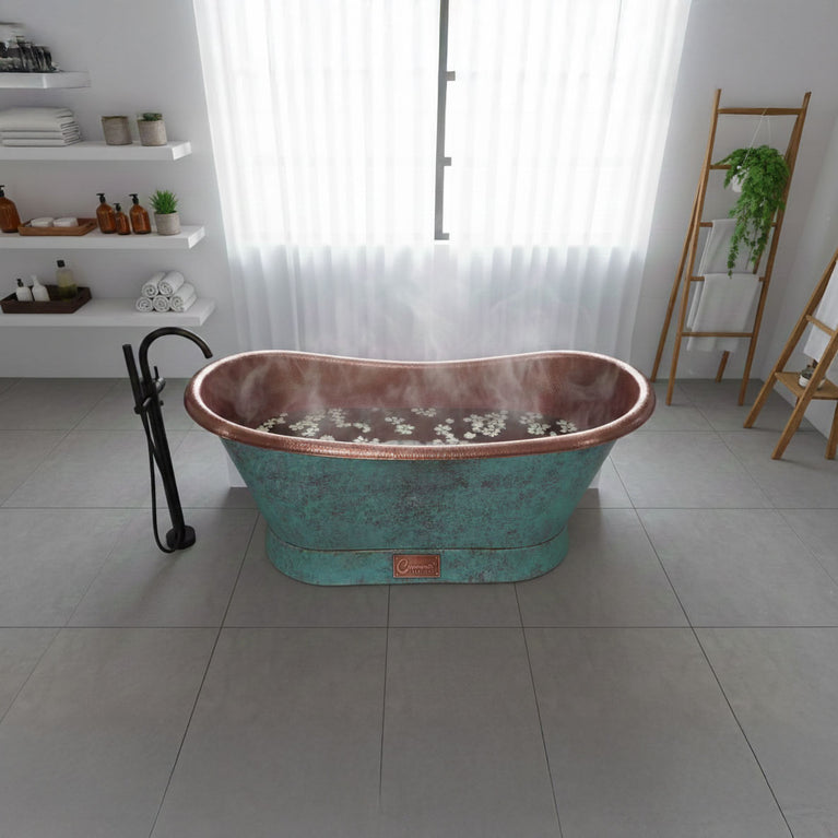 Slanting Base Copper Bathtub Hammered Antique Copper Interior & Patina Exterior Finish