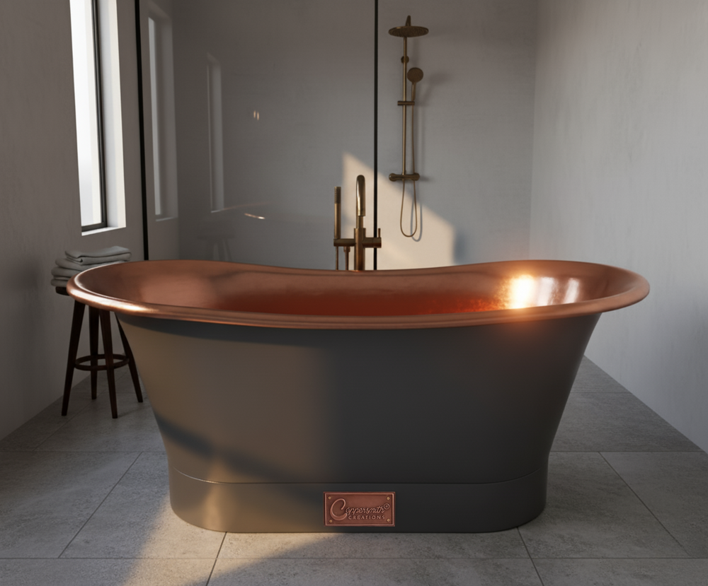 Straight Base Copper Bathtub Polished Copper Interior & RAL7021 Black Grey Exterior