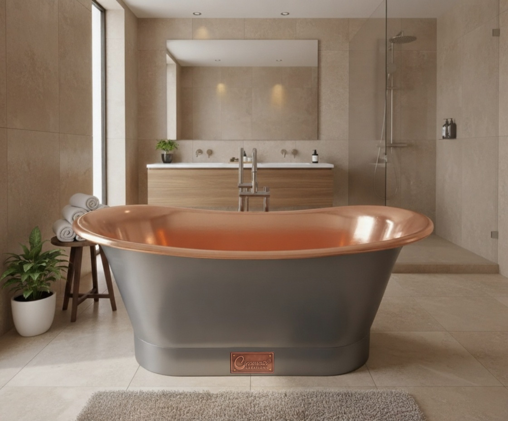 Straight Base Copper Bathtub Polished Copper Interior & RAL7021 Black Grey Exterior