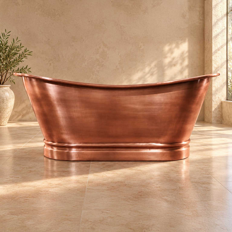 Flat Rim Freestanding Copper Bathtub Smooth Plain Medium Antique Finish Interior & Exterior