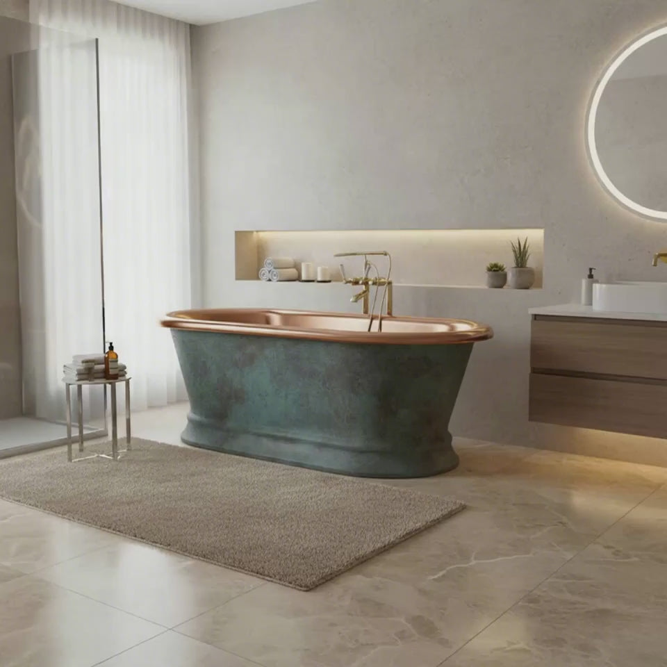 Pedestal Copper Bathtub Patina Exterior & Polished Copper Interior