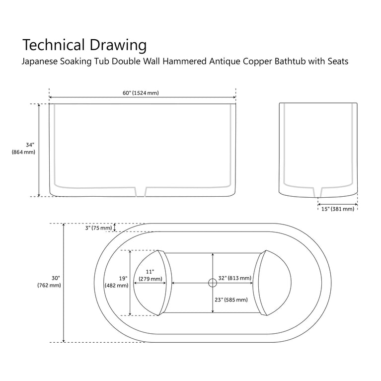 Japanese Soaking Tub Double Wall Hammered Antique Copper Bathtub with Seats