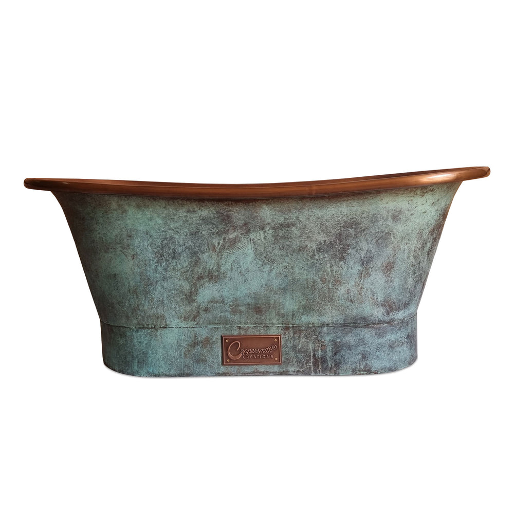 Straight Base Copper Bathtub Copper Interior & Blue Green Patina Exterior Finish