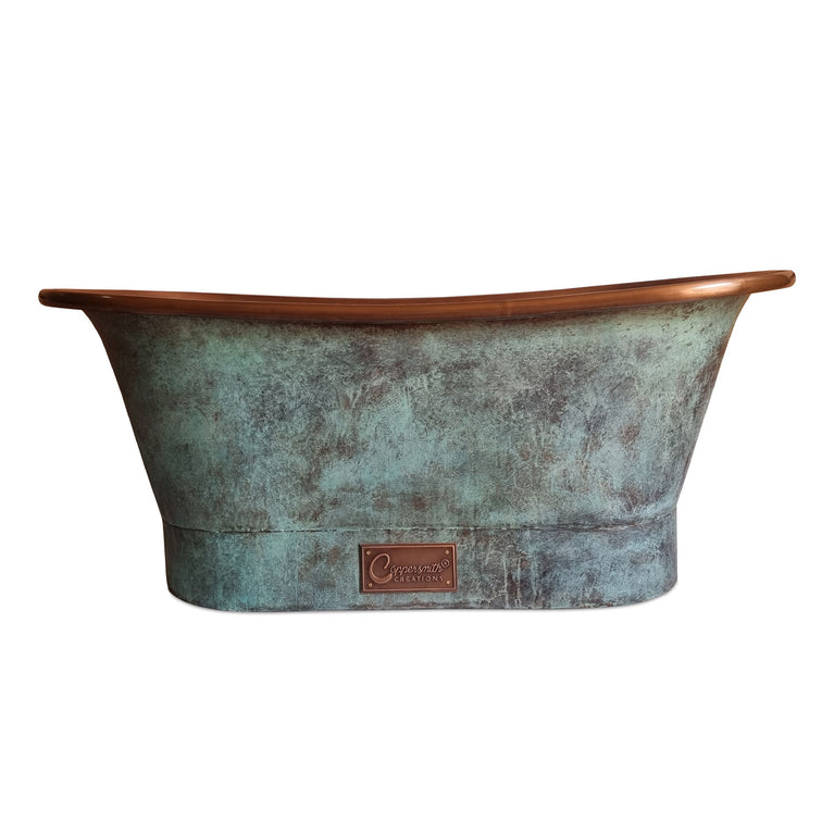 Straight Base Copper Bathtub Copper Interior & Blue Green Patina Exterior Finish