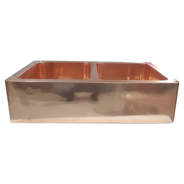 Double Bowl Copper Kitchen Sink Front Apron Smooth
