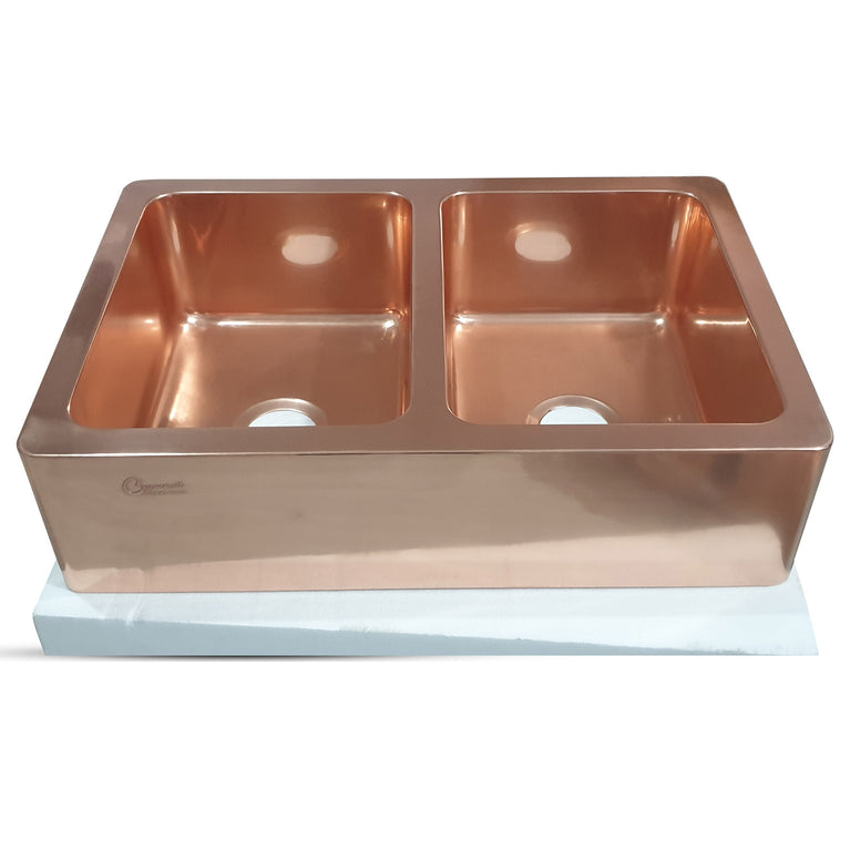 Double Bowl Copper Kitchen Sink Front Apron Smooth