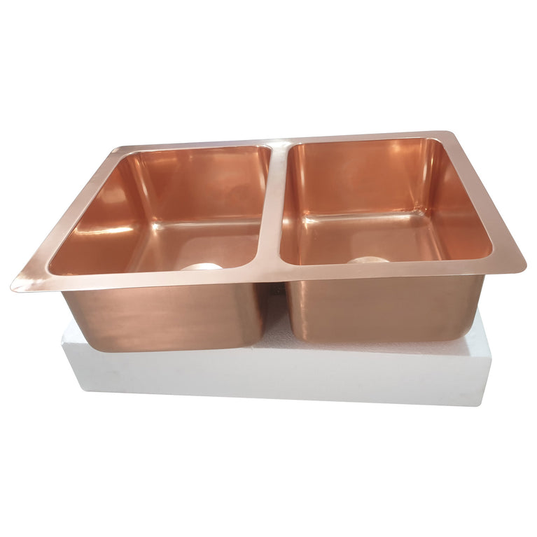 Double Bowl Copper Kitchen Sink Front Apron Smooth