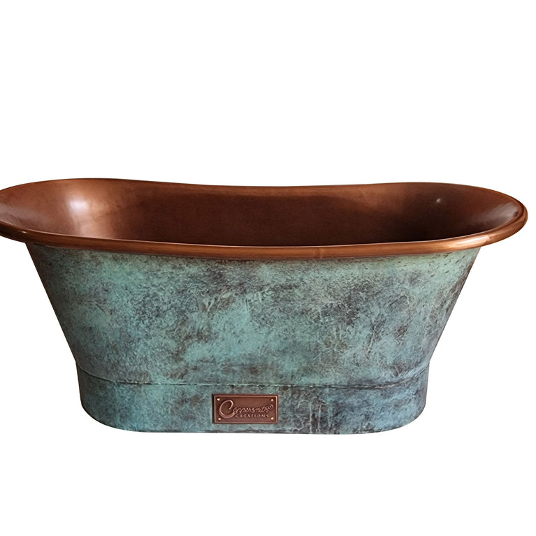 Straight Base Copper Bathtub Copper Interior & Blue Green Patina Exterior Finish