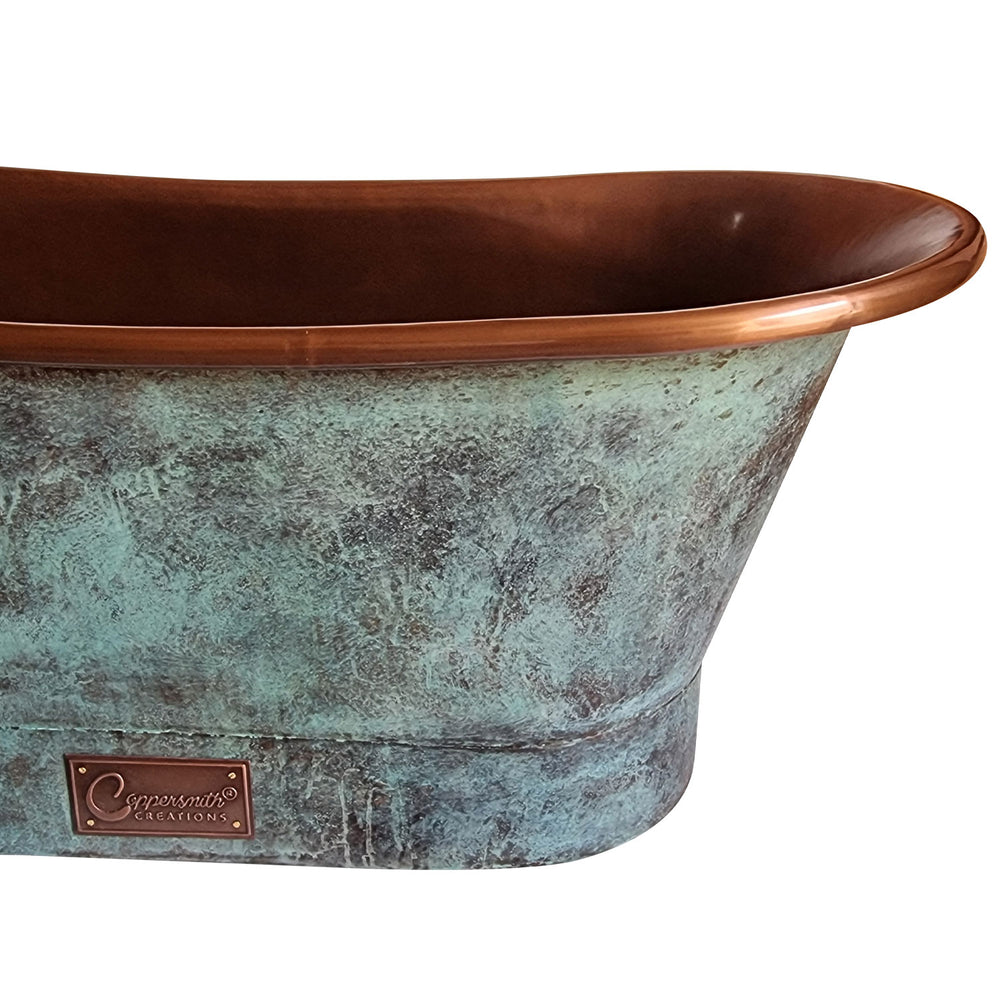 Straight Base Copper Bathtub Copper Interior & Blue Green Patina Exterior Finish