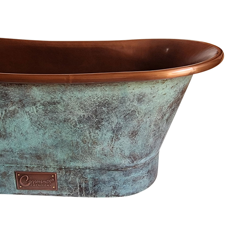 Straight Base Copper Bathtub Copper Interior & Blue Green Patina Exterior Finish