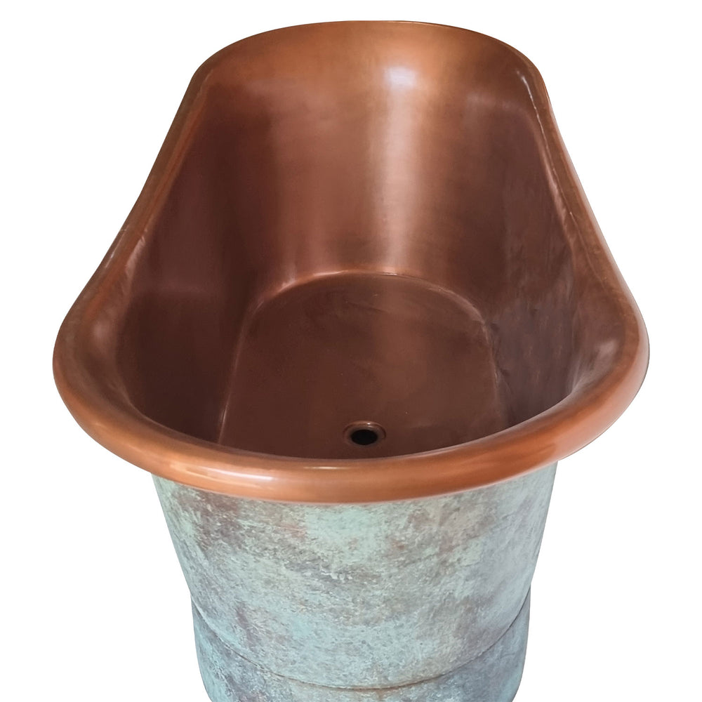 Straight Base Copper Bathtub Copper Interior & Blue Green Patina Exterior Finish