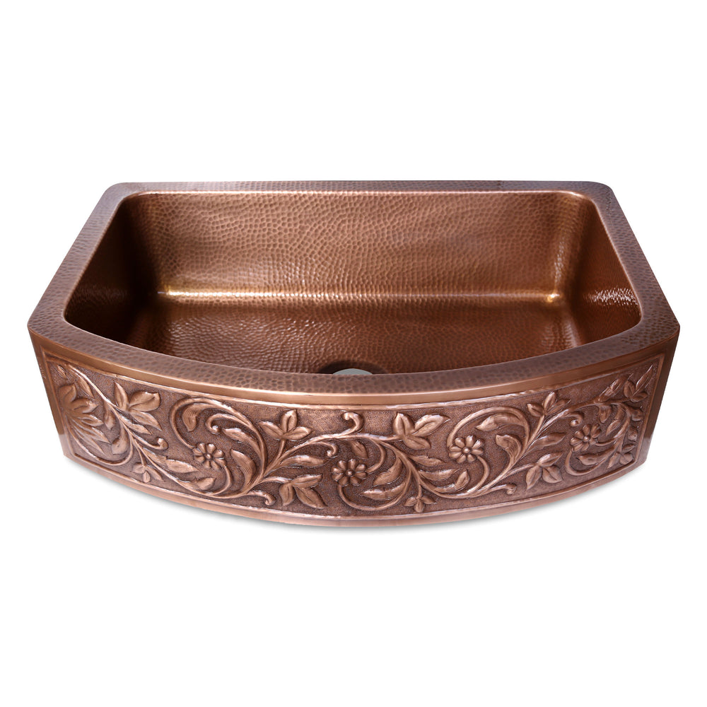 D Shape Vine Design Front Apron Copper Kitchen Sink