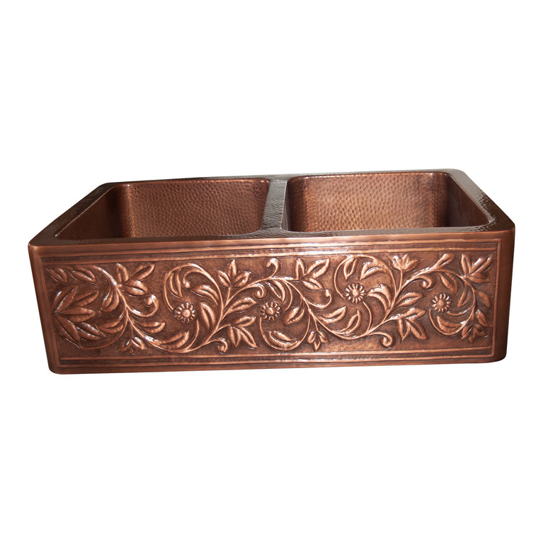 Double Bowl Vine Design Front Apron Copper Kitchen Sink