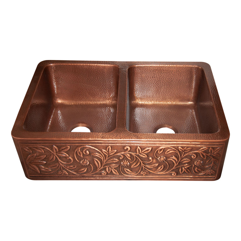 Double Bowl Vine Design Front Apron Copper Kitchen Sink