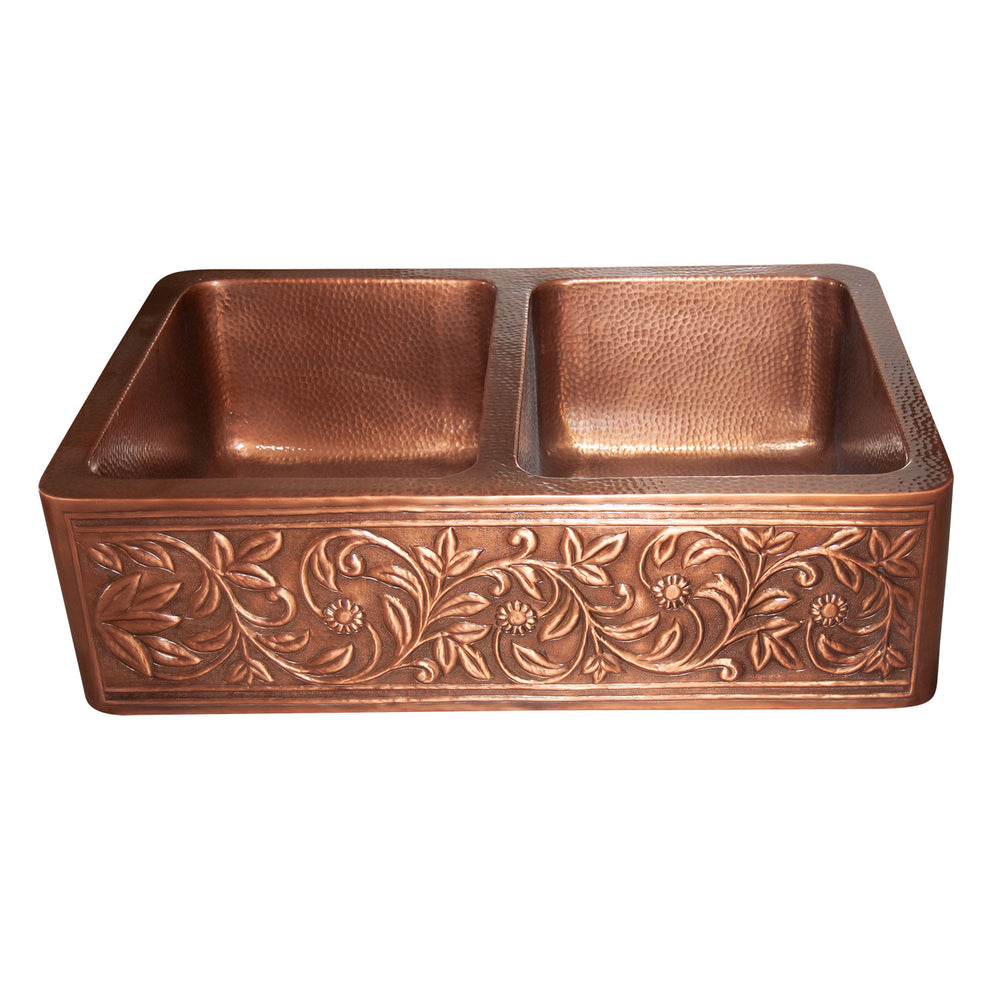 Double Bowl Vine Design Front Apron Copper Kitchen Sink