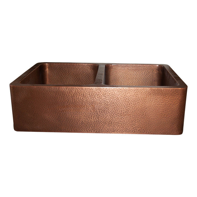 Double Bowl Copper Kitchen Sink Front Apron Hammered Antique Finish