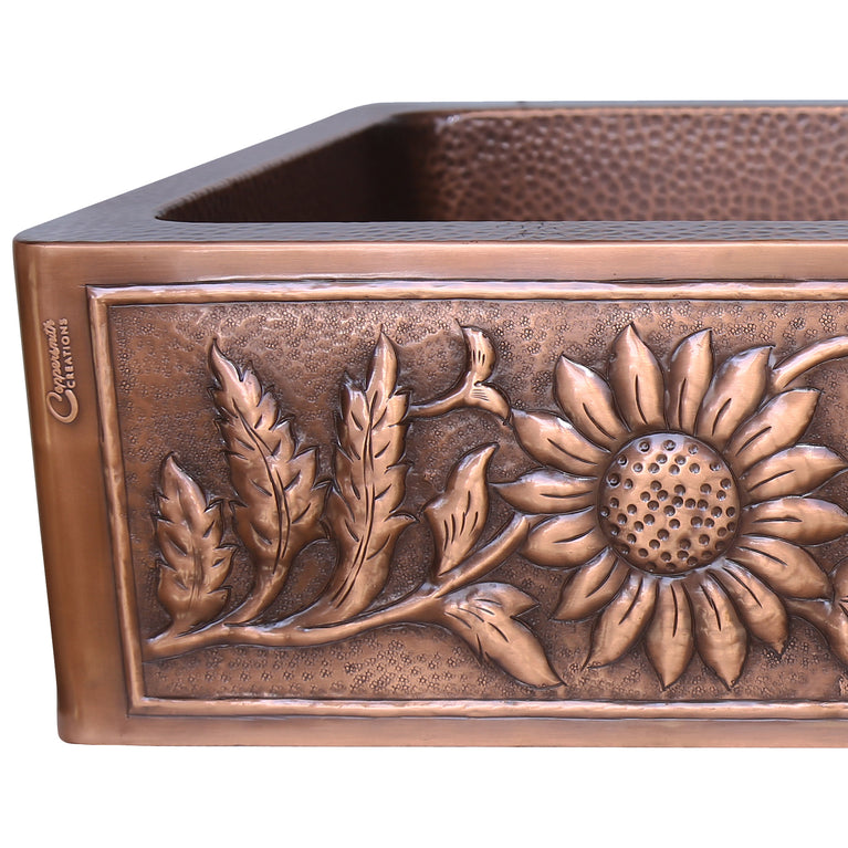 Single Bowl Sunflower Design Front Apron Copper Kitchen Sink