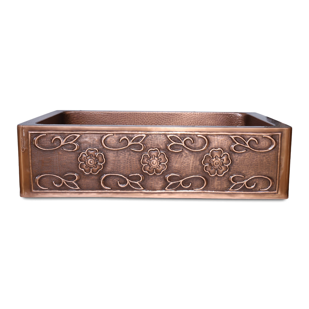 Single Bowl Three Flowers and Petals front Apron Copper Kitchen Sink