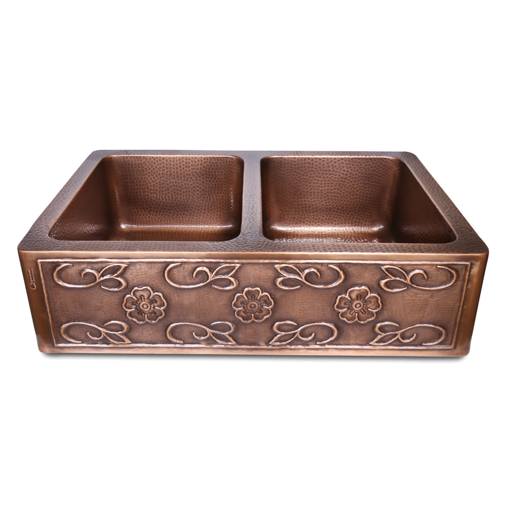 Double Bowl Three Flowers and Petals front Apron Copper Kitchen Sink