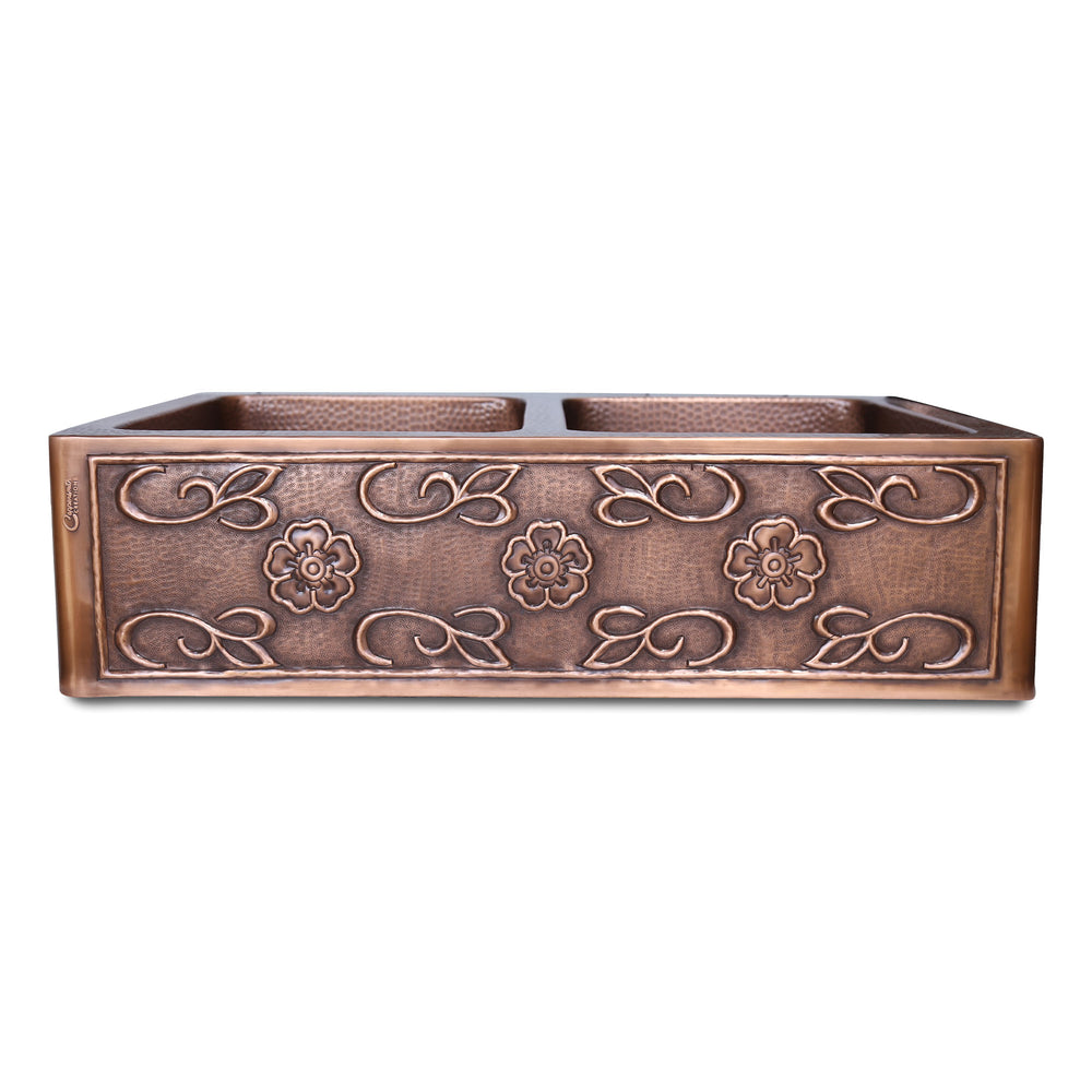 Double Bowl Three Flowers and Petals front Apron Copper Kitchen Sink