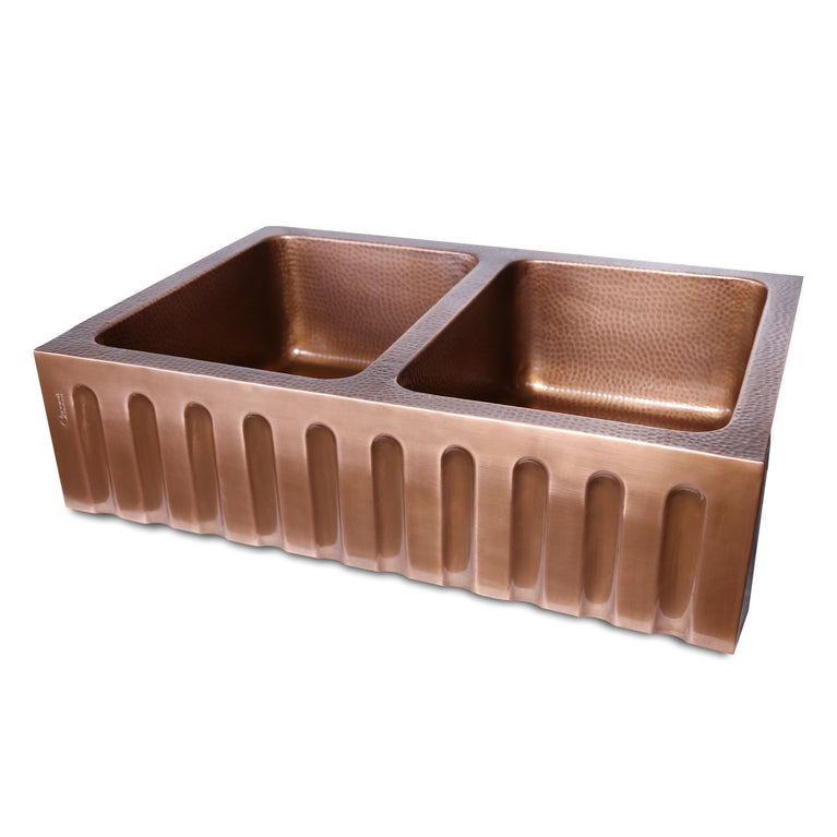 Double Bowl Vertical Parallel Lines Front Apron Copper Kitchen Sink