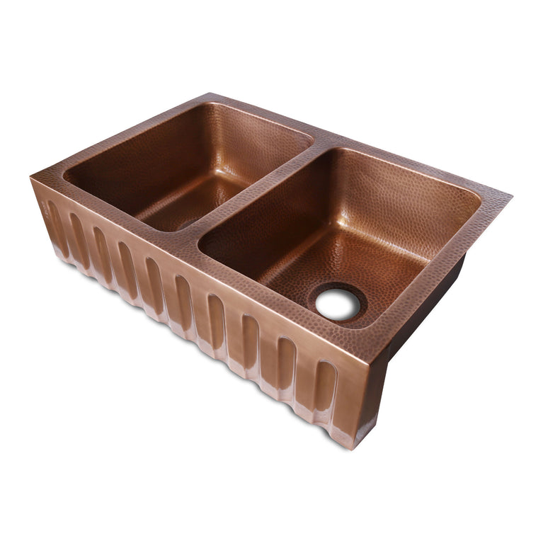 Double Bowl Vertical Parallel Lines Front Apron Copper Kitchen Sink