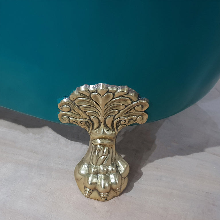 Copper Bathtub RAL 6004 Blue-Green Exterior & Brass Clawfoot Legs