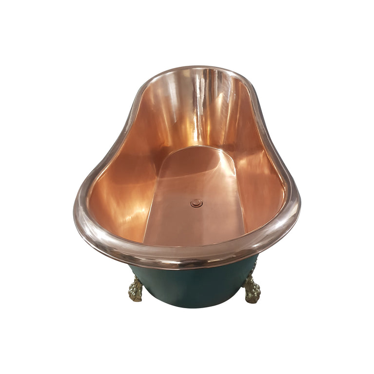 Copper Bathtub RAL 6004 Blue-Green Exterior & Brass Clawfoot Legs
