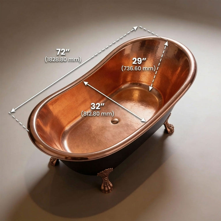 Hammered Clawfoot Copper Bathtub Copper Interior & Black Exterior