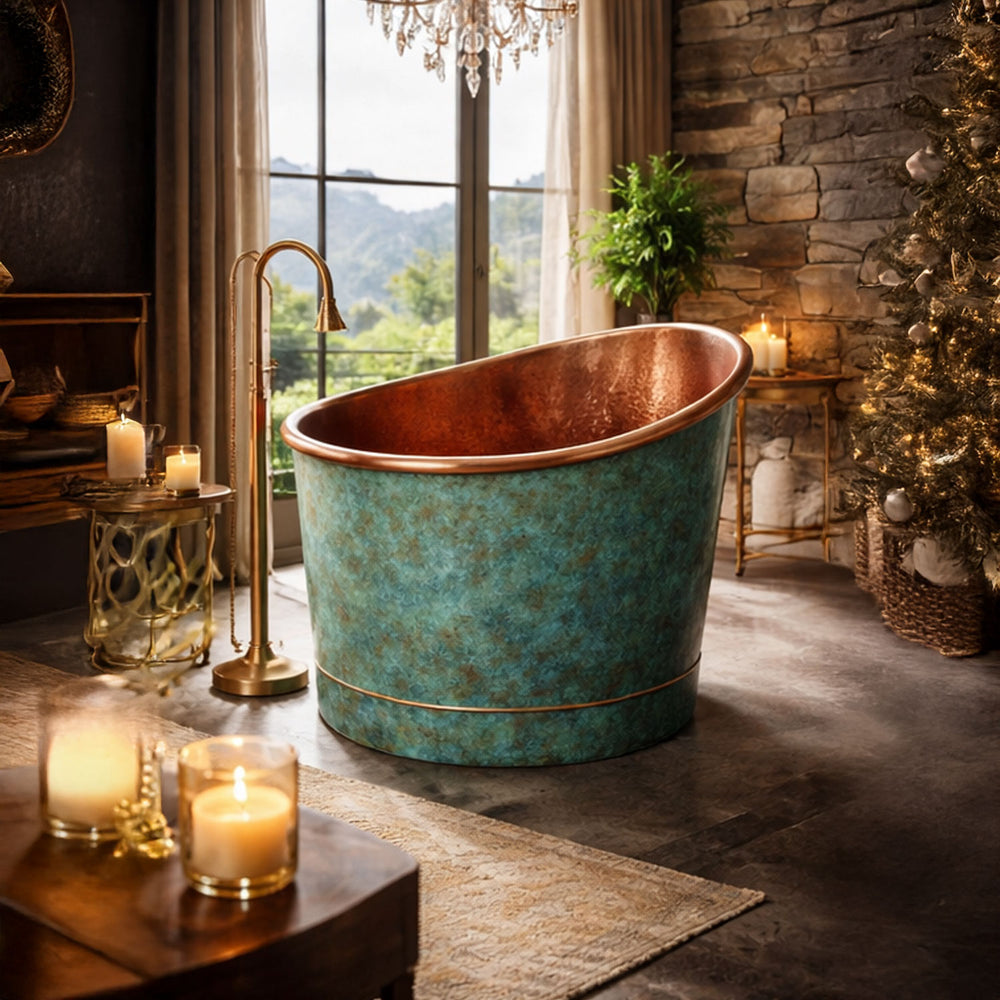 39-Inch Japanese Soaking Copper Bathtub Hammered Antique Copper Interior Blue-Green