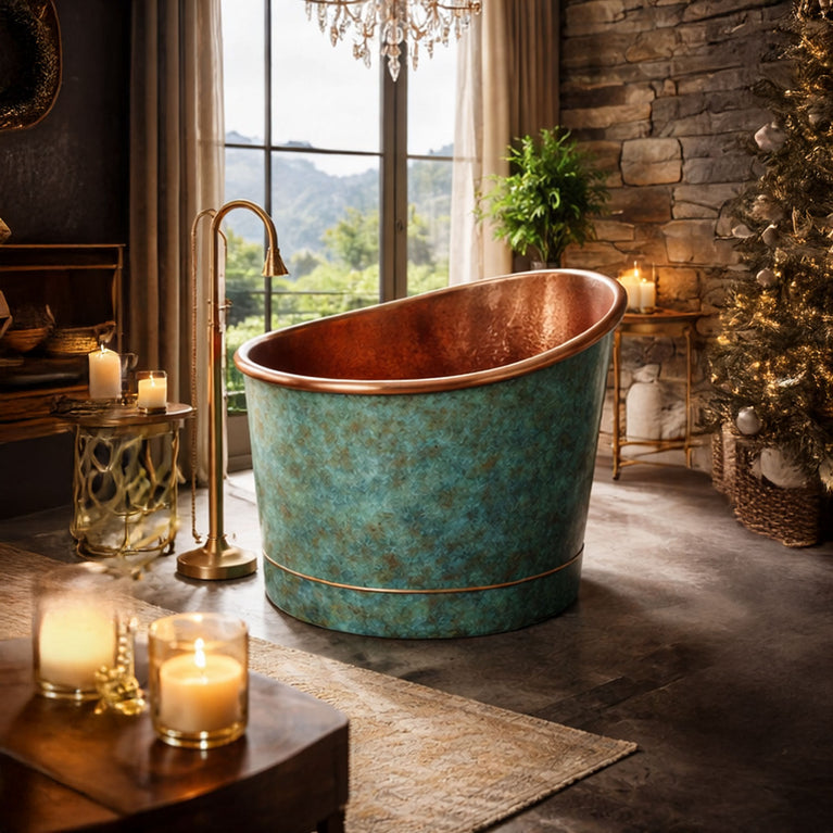 39-Inch Japanese Soaking Copper Bathtub Hammered Antique Copper Interior Blue-Green