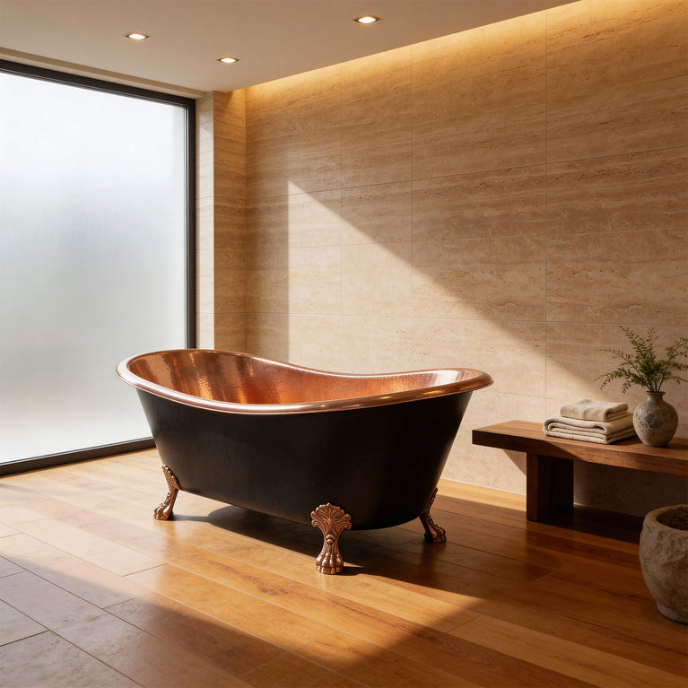 Hammered Clawfoot Copper Bathtub Copper Interior & Black Exterior